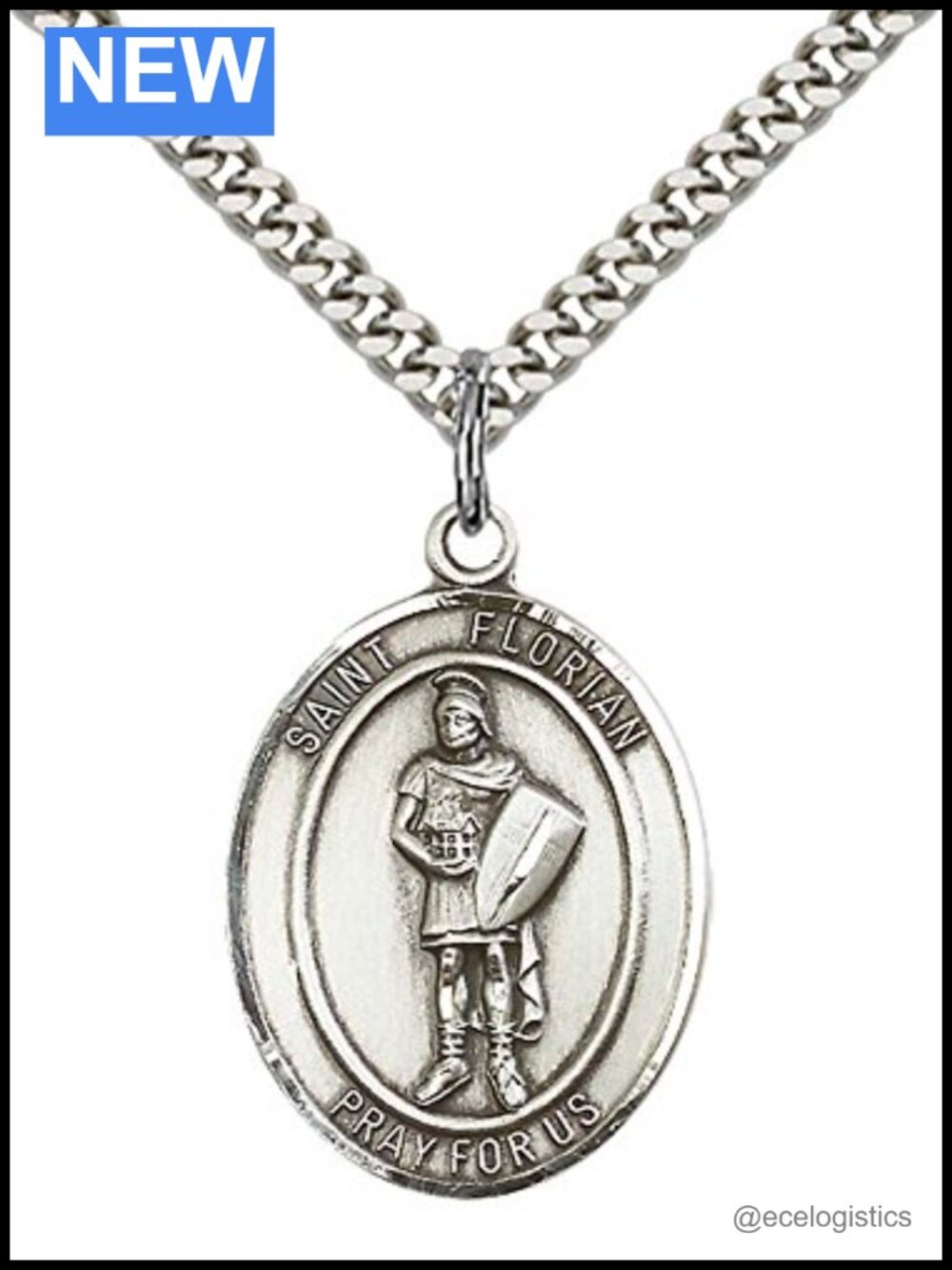 Sterling Silver St. Florian Pendant with Stainless Steel Curb Chain